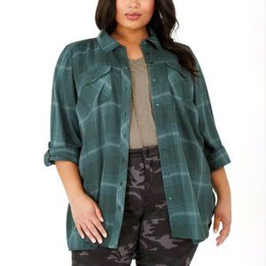 Style & Co Womens Plus Green Plaid Roll Up Long Sleeves Button-Up Shirt Top 0X